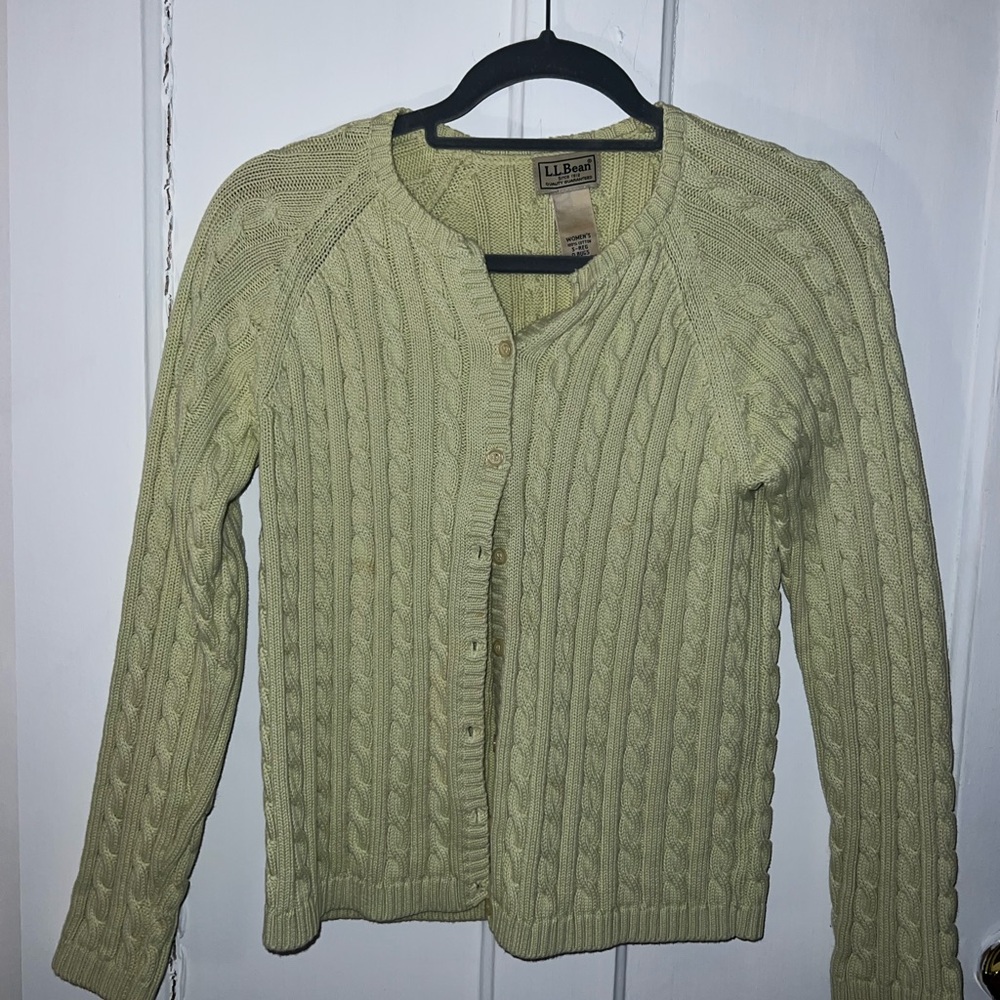 L.L. Bean Green Cardigan Sweater with Cable Knit